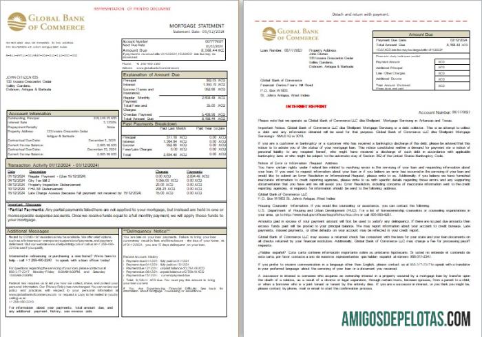 Extrato de hipoteca do banco global de comércio de Antígua e Barbuda, 3 páginas, 1 2 Scr exemplo real